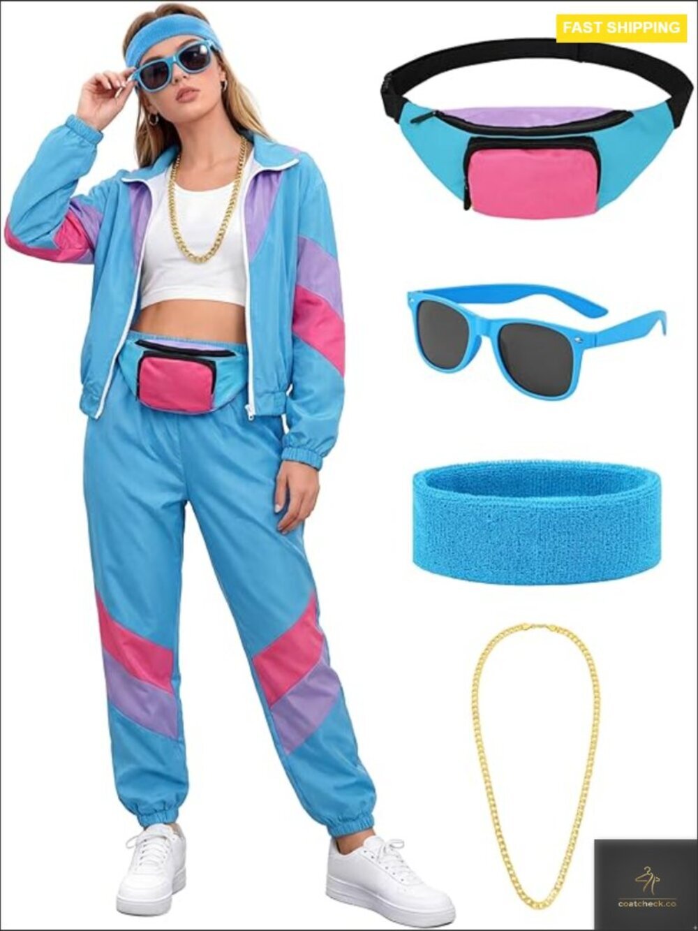 80s Retro Windbreaker Tracksuit Set with Accessories Relaxed Fit Polyester